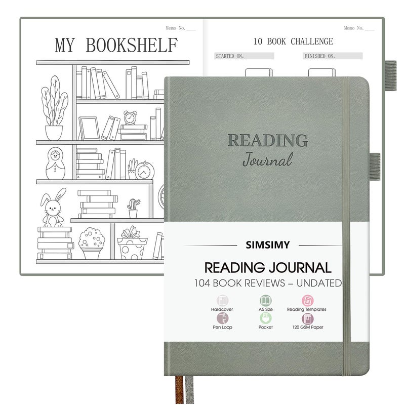 SIMSIMY Reading Journal with 104 Book Reviews - Book Journal for Lovers & Readers - Reading Tracker & List Challenge  A5  Gray - Image 1
